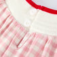 Pink Gingham Christmas Girls Dress: Santa Embroidery with Red Satin Ribbon