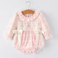 Fall Pink Plaid Ruffle Ballet Shoe Embroidery Long Sleeve Romper