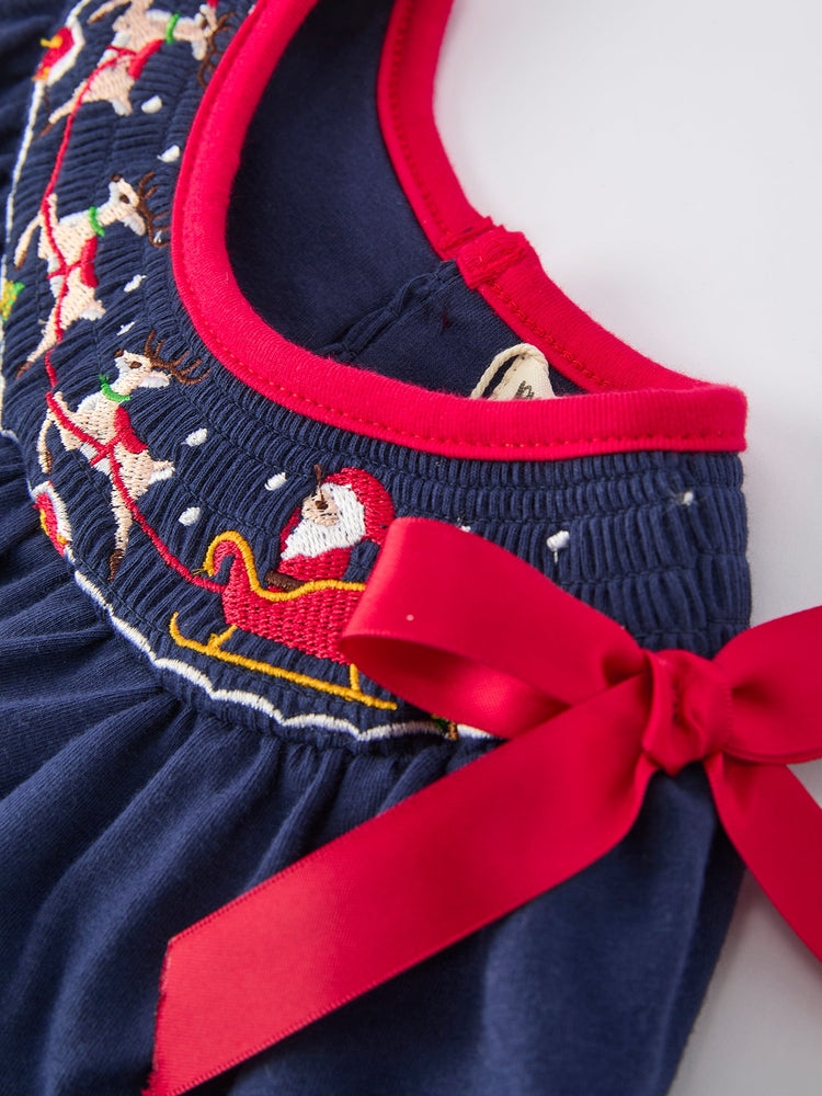 Christmas Holiday Celebration Baby Girls Romper: Navy with Santa Sleigh