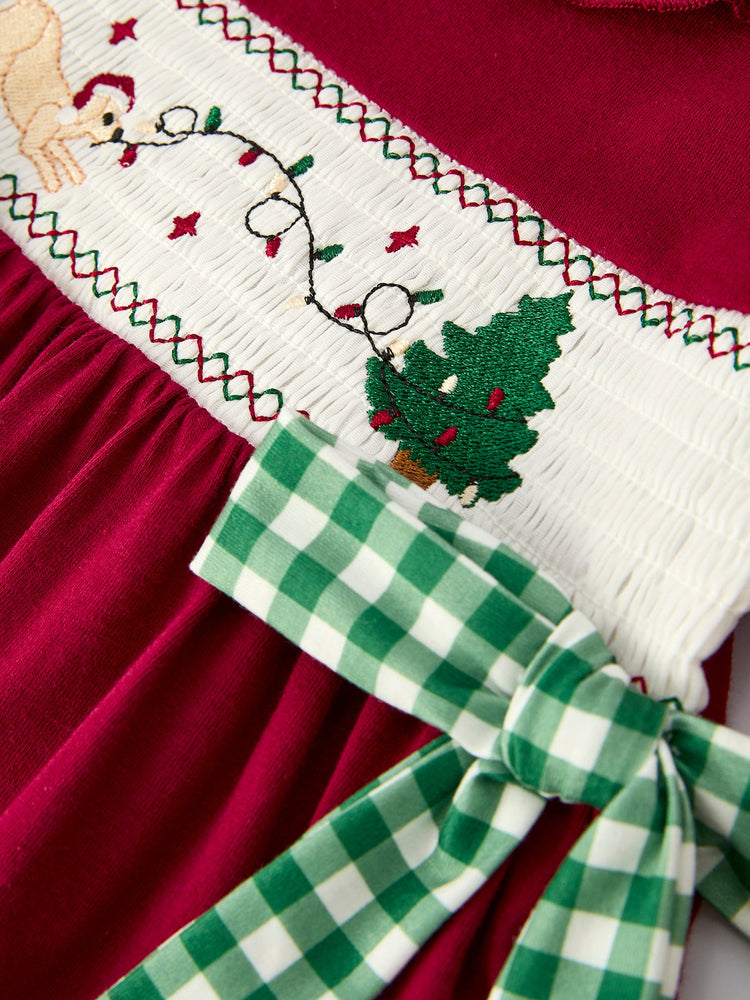 Christmas Smocking Embroidered Girls Dress with Green Plaid Bow