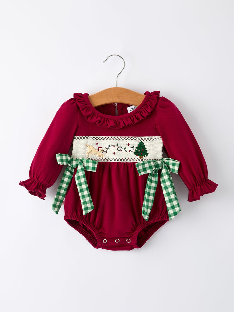 Christmas Embroidered Baby Girls Romper with Green Plaid Bow