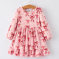 Pink Bow Print Girls Dress with Ruffle Hem