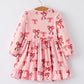 Pink Bow Print Girls Dress with Ruffle Hem