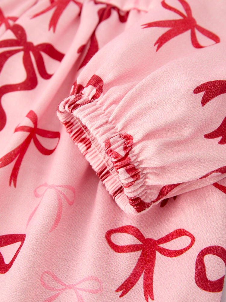 Pink Bow Print Girls Dress with Ruffle Hem