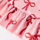 Pink Bow Print Girls Dress with Ruffle Hem