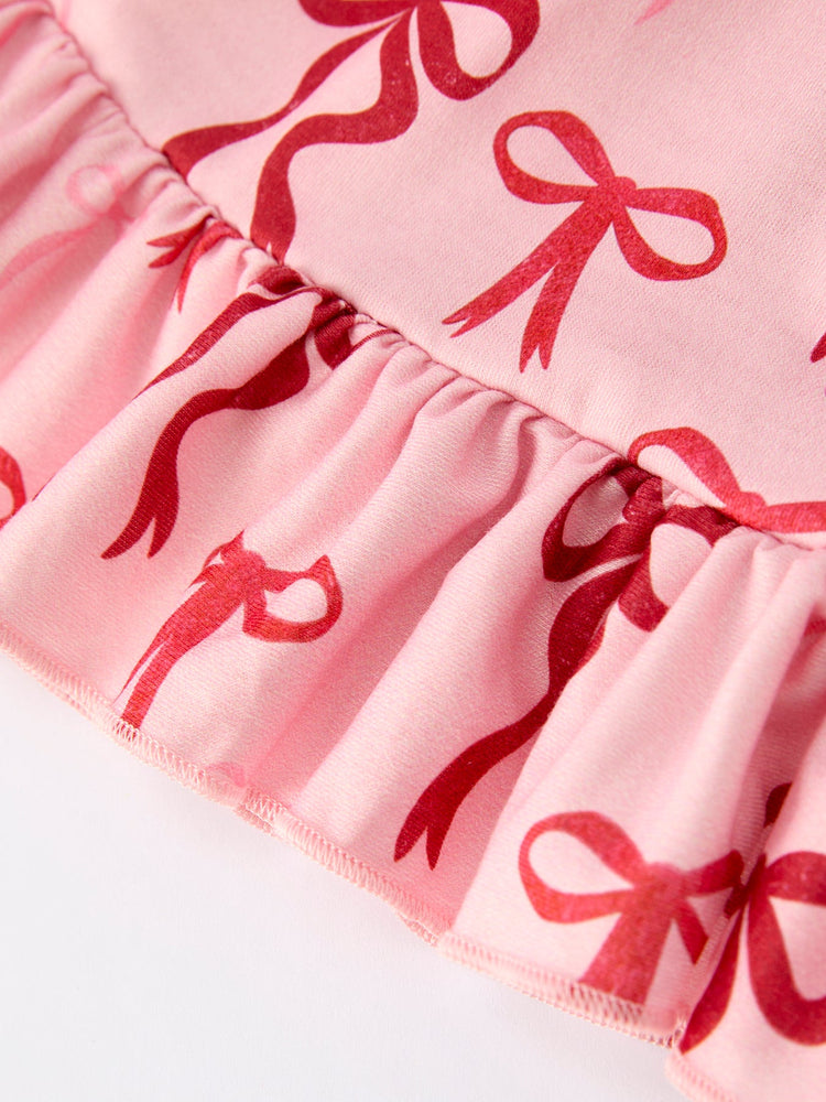 Pink Bow Print Girls Dress with Ruffle Hem