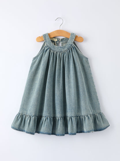Girls Denim Ruffle Trim A-Line Dress