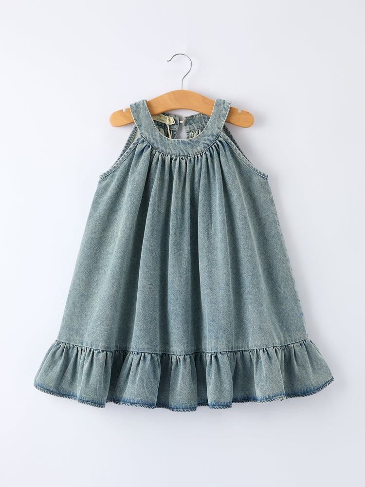 Girls Denim Ruffle Trim A-Line Dress