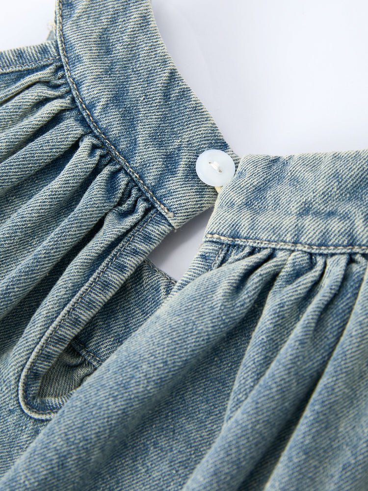 Girls Denim Ruffle Trim A-Line Dress