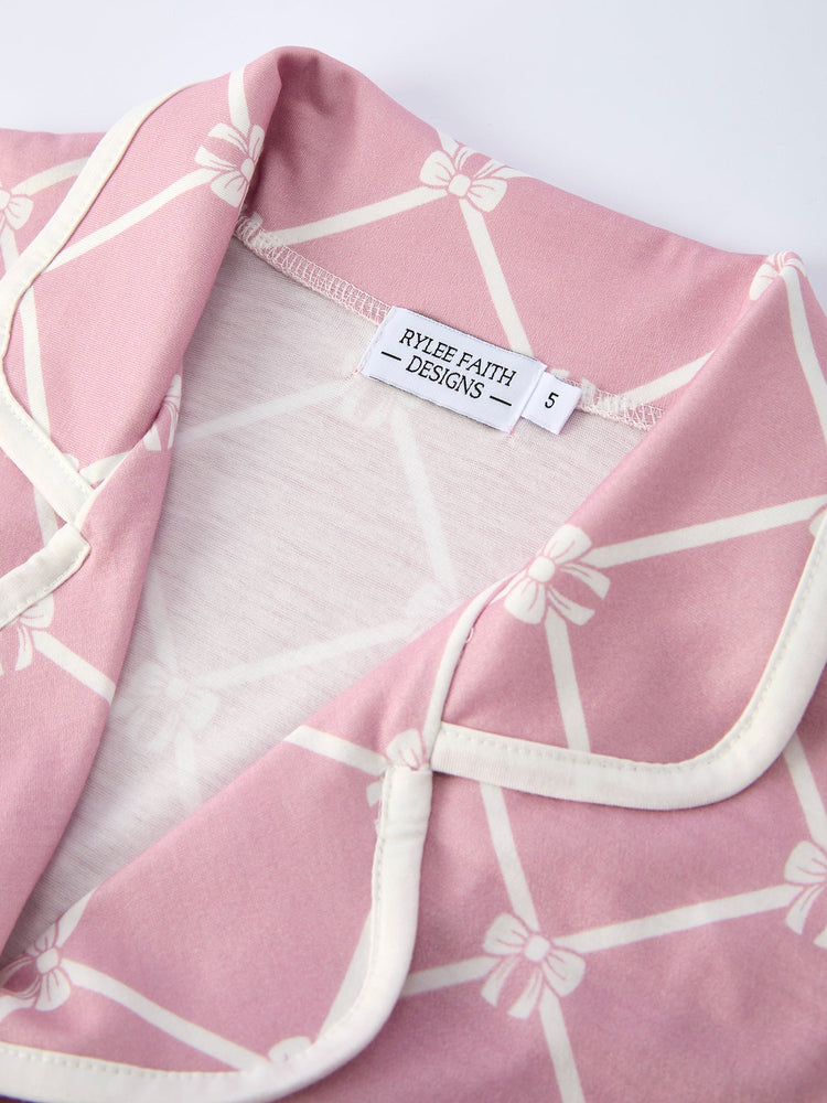 Mommy & me Autumn Check Bow Girls Lapel Pajamas