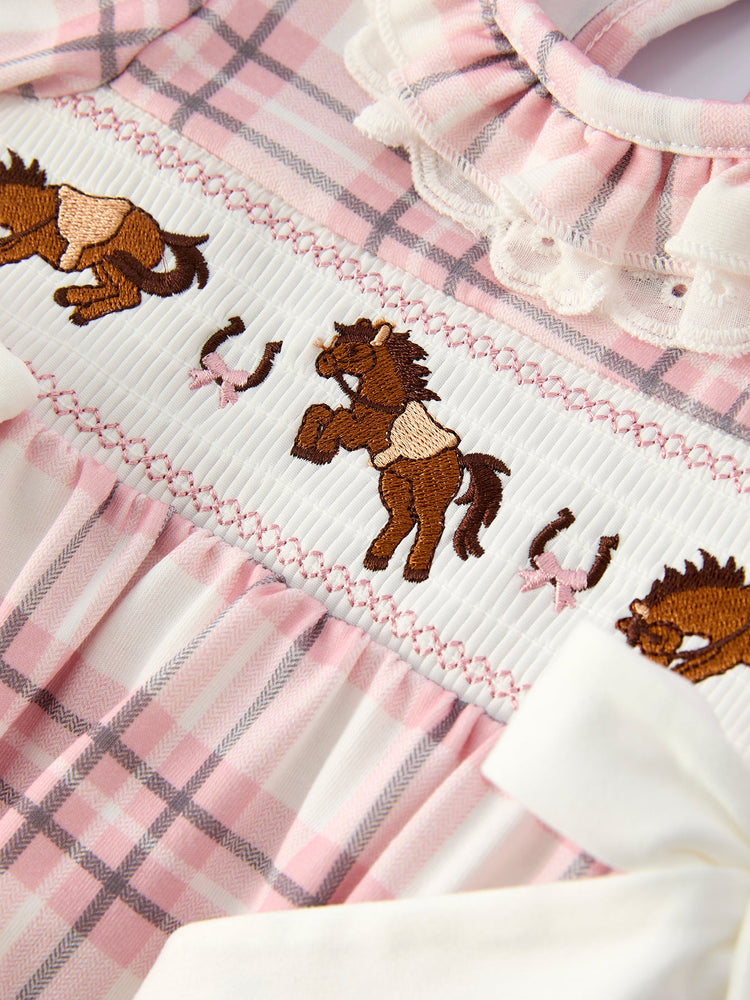 Western Horse Embroidered Smocked Plaid Baby Girl Romper