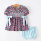 Blue Bow Floral Smocked Girl Bloomer Set