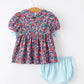 Blue Bow Floral Smocked Girl Bloomer Set