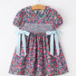 Blue Bow Smocked Floral Girl Dress
