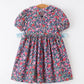 Blue Bow Smocked Floral Girl Dress