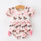 Western Horse Smocked Girls Romper Bow Ruffle Short Sleeve