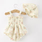Muslin Summer Floral Print Smocked Baby Girl Romper Set Hat