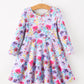 Fall Watercolor Floral Print Girls Ruffle Hem Twirl Dress