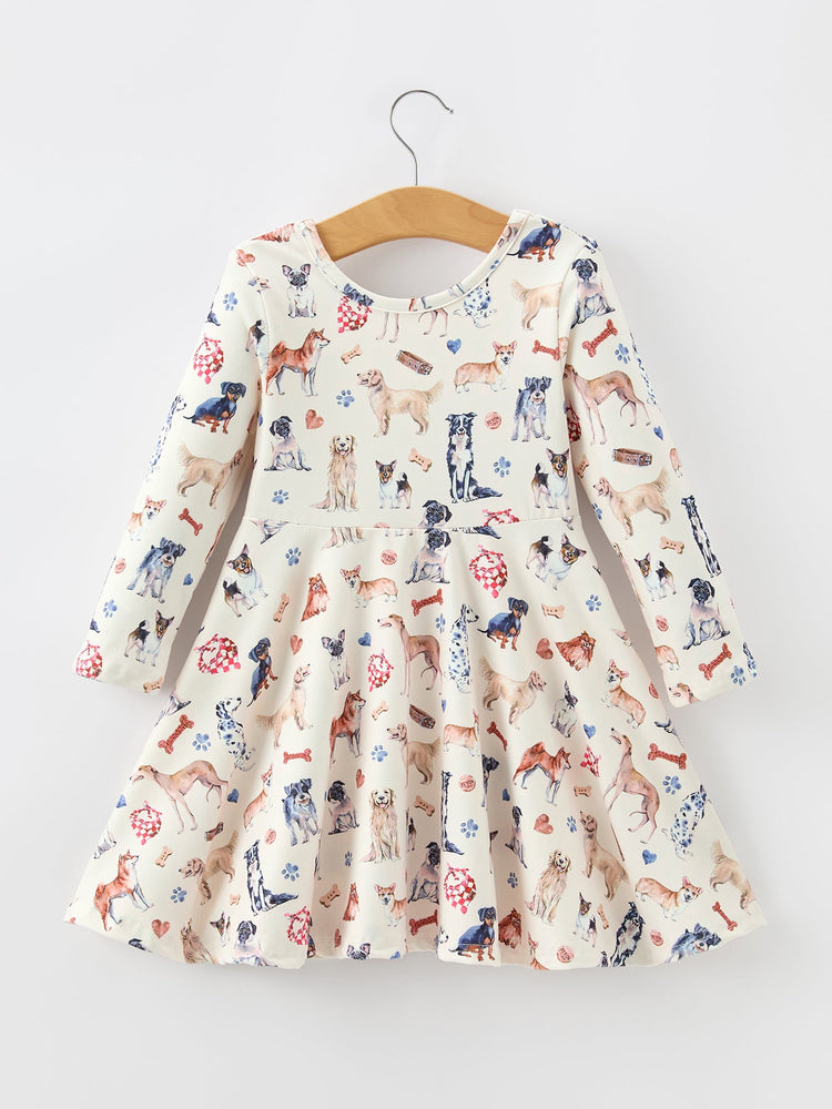 Fall Dog Print Girls Long Sleeve Twirl Dress