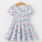 Unicorn Floral Print Girls Short Sleeve Twirl Dress