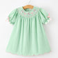 Christmas Mint Green Smocked Santa Girls Puff Sleeve Dress