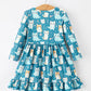 Fall Cat Print Girls Long Sleeve Ruffle Hem Dress