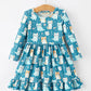 Fall Cat Print Girls Long Sleeve Ruffle Hem Dress