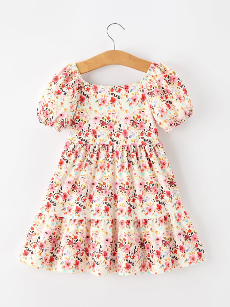 Fall Vintage Floral Puff Sleeve Girls Dress