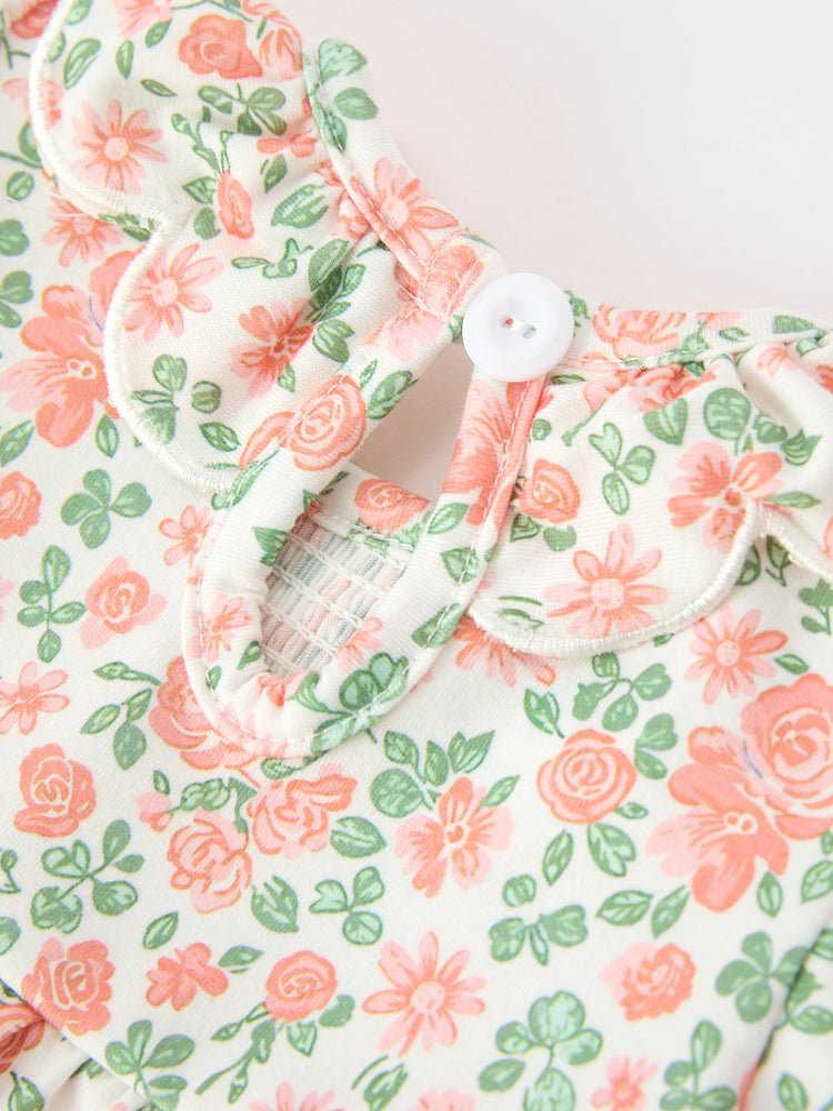 Fall Blush Floral Baby Romper Smocked Petal Collar