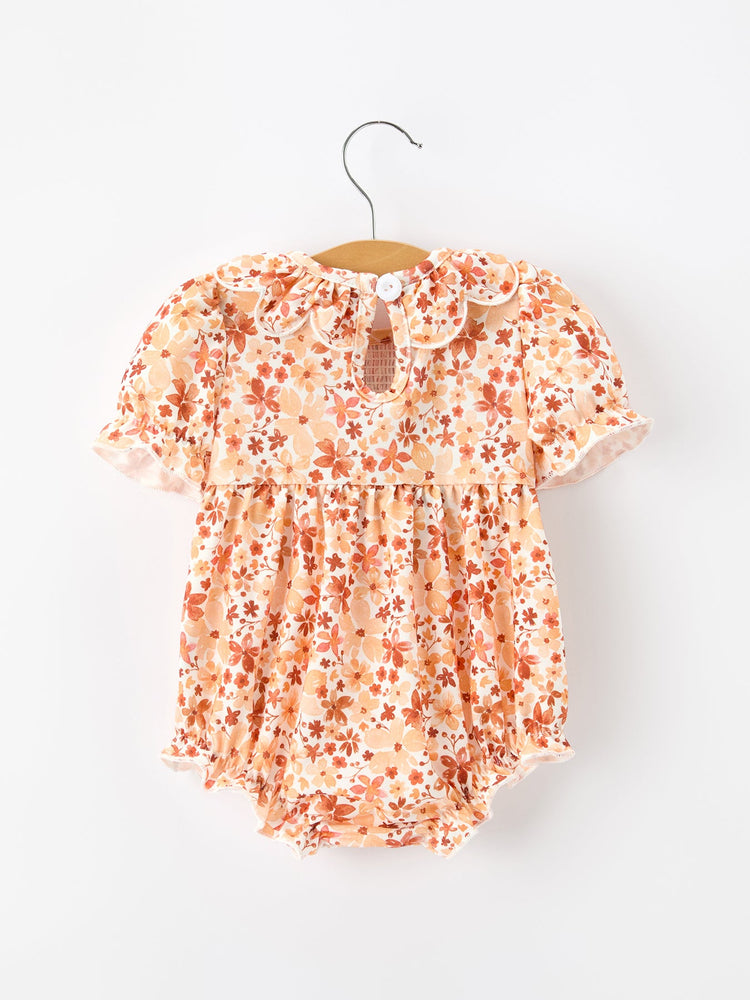 Fall Rust Floral Baby Romper Smocked Petal Collar