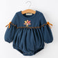 Thanksgiving Fall Turkey Applique Navy Baby Girls Romper