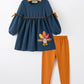 Thanksgiving Turkey Applique Girls Outfit Set Navy Top Orange Pants Set