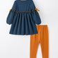 Thanksgiving Turkey Applique Girls Outfit Set Navy Top Orange Pants Set