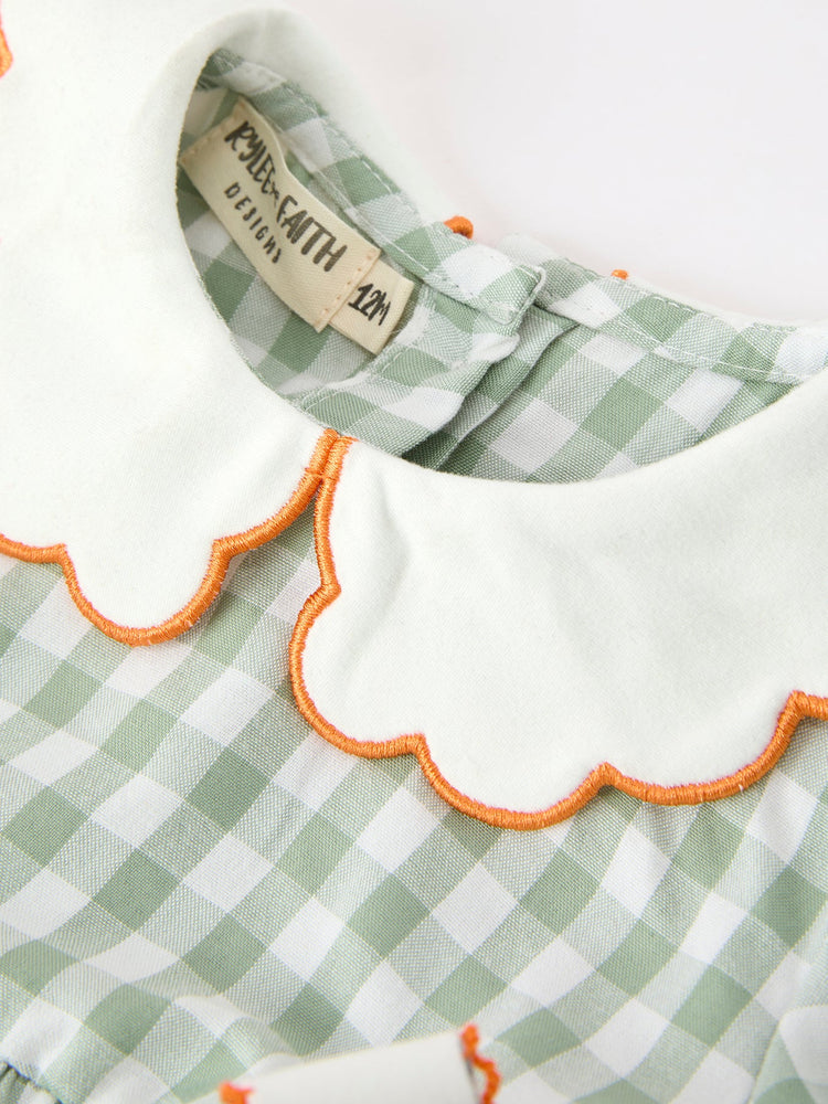 Fall Plaid Baby Girl Romper Pumpkin Bow Peter Pan Collar