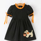 Girls Halloween Dog Pumpkin Applique Dress Puff Sleeve