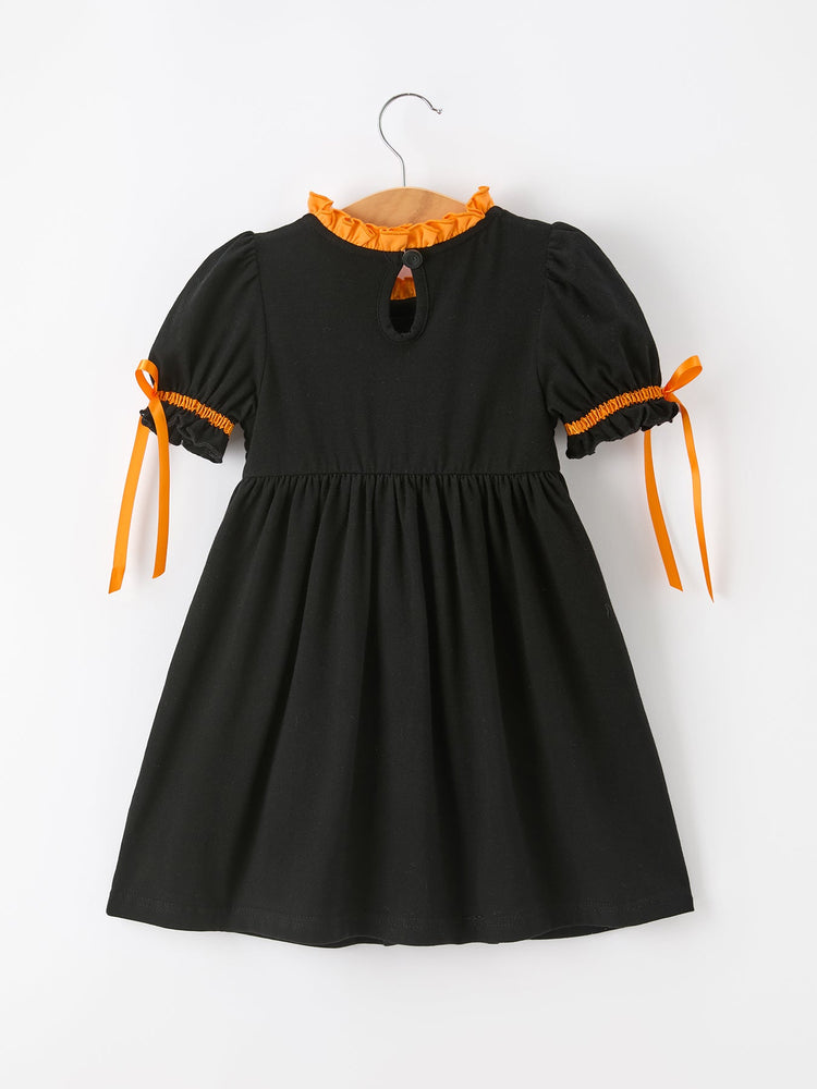 Girls Halloween Dog Pumpkin Applique Dress Puff Sleeve