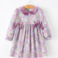 Purple Floral Girls Dress Velvet Collar Bow Long Sleeve Dress