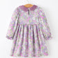 Purple Floral Girls Dress Velvet Collar Bow Long Sleeve Dress