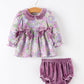Purple Floral Velvet Baby Girl Outfit Set Ruffle Bow Bloomers