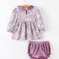 Purple Floral Velvet Baby Girl Outfit Set Ruffle Bow Bloomers