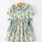 Green Floral Girls Dress Petal Collar Bow Waist Puff Sleeve Dress