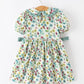 Green Floral Girls Dress Petal Collar Bow Waist Puff Sleeve Dress