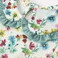 Green Floral Girls Dress Petal Collar Bow Waist Puff Sleeve Dress