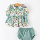 Green Floral Girls Outfit Set Ruffle Collar Bow Baby Bloomer Set