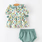Green Floral Girls Outfit Set Ruffle Collar Bow Baby Bloomer Set