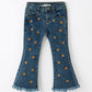 Girls Pumpkin Embroidered Flare Jeans Fall Denim Pants with Fringe Hem