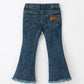 Girls Pumpkin Embroidered Flare Jeans Fall Denim Pants with Fringe Hem