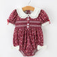Burgundy Floral Smocked Baby Girl Bubble Romper Peter Pan Collar