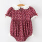 Burgundy Floral Smocked Baby Girl Bubble Romper Peter Pan Collar