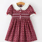 Burgundy Floral Smocked Girls Dress Peter Pan Collar Lace Trim